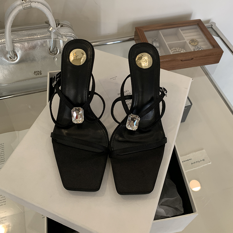 2025 New Spring Summer Square Toe Open Toe One-Strap Rhinestone High Heel Black Satin Sexy Women Sandals
