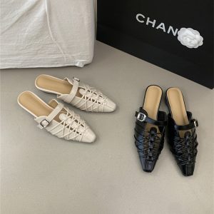 French Retro Hollow Out Slippers Women Low Heel Mule Shoes Slip On Casual Woven Sandals