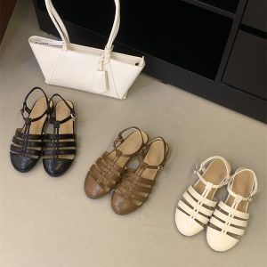 Korean Style Casual Closed Toe Roman Sandals for Women Summer 2026 Spring Summer Woven Hollow Daily Commute Versatile Mule Shoes
