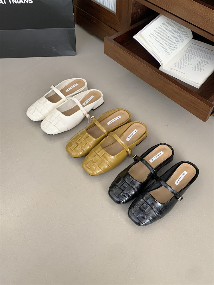 Women's Square Toe Slip-On Mules with Block Heel - Korean Retro Casual Shoes