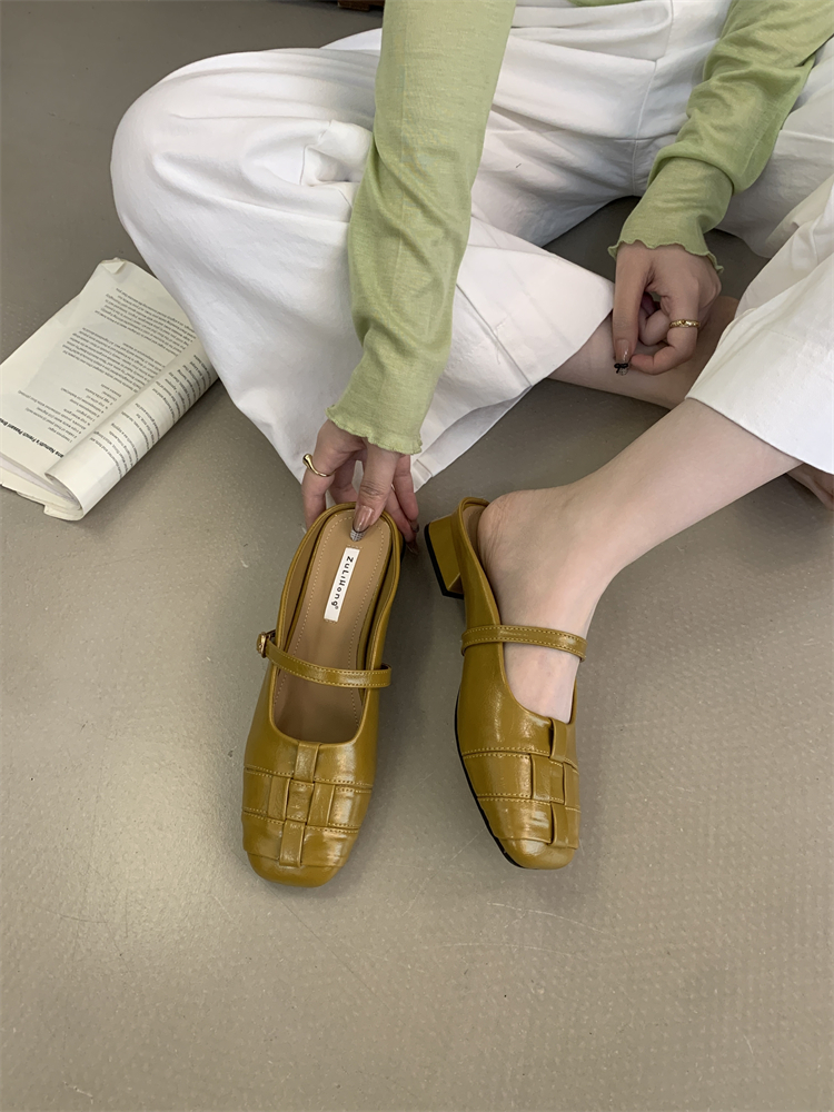 Women's Square Toe Slip-On Mules with Block Heel - Korean Retro Casual Shoes - Image 3